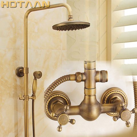Luxury NEW Bathroom Surface Mount Brass Rainfall Shower Faucet Set Antique Brass with Handshower + Tub Spout + 8