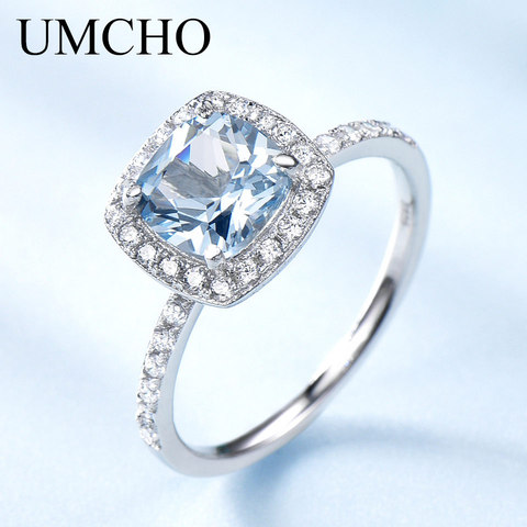 UMCHO Aquamarine Blue topaz Gemstone Engagement Ring Genuine 925 Sterling Silver Rings for Women Wedding  Promise Fine Jewelry ► Photo 1/5