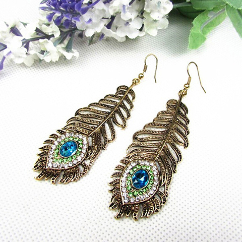 Vintage Rhinestone Peacock Eye Feather Drop Dangle Earrings For Women Jewelry Statement Earrings Party Jewelry Brincos Wholesale ► Photo 1/1