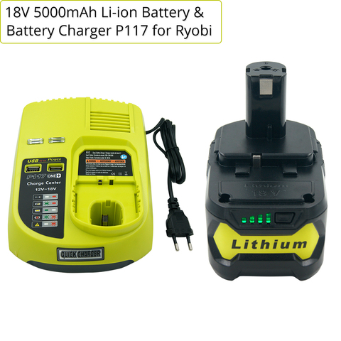 (Battery+Charger Set )18V 5000mAH Lithium Rechargeable Battery RB18L40 for Ryobi P108 + New P117 Charger for Ryobi 9.6V-18V ► Photo 1/6