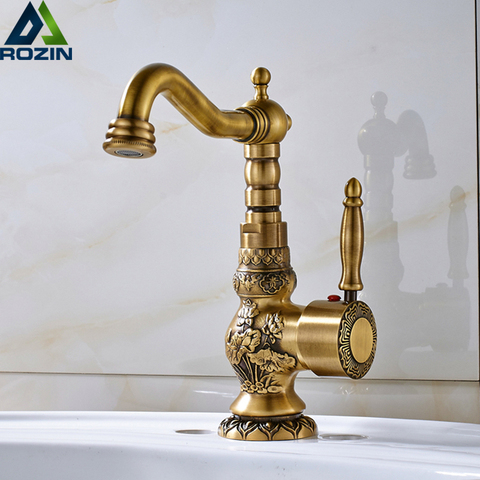 Antique Brass Basin Faucet Long nose Spout Flower Carved Wash Sink Tap 360 Rotation Single Handle Mixer Tap Torneiras ► Photo 1/6