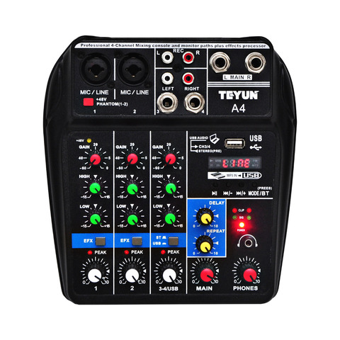 A4 Sound Mixing Console Bluetooth USB Record Computer Playback 48V Phantom Power Delay Repaeat Effect 4 Channels USB Audio Mixer ► Photo 1/6