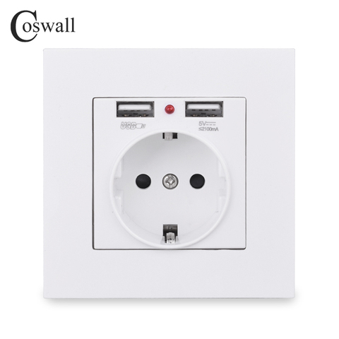 Coswall Dual USB Charging Port 5V 2.1A LED Indicator 16A Wall EU Power Socket Outlet PC Panel Grey Gray Black White Gold ► Photo 1/6
