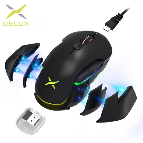 Delux M627 PMW3389 Sensor Wired + Wireless RGB Gaming Mouse 16000 DPI 8 Buttons Left and Right hand Mice With DIY Side Wings ► Photo 1/6