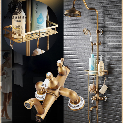 Antique Brass Shower Mixer Faucet Set One Handle with Storage Holder Shower Faucet Taps Swivel Tub Spout 8