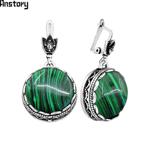 Round Malachite Earrings For Women Antique Silver Plated Party Hollow Flower Pendant Fashion Jewelry ► Photo 1/6