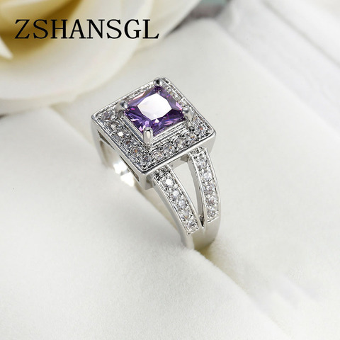 925 Sterling Sliver finger ring for lady paved Purple CZ luxury hot Princess women Wedding Engagement Ring purple color jewelry ► Photo 1/5