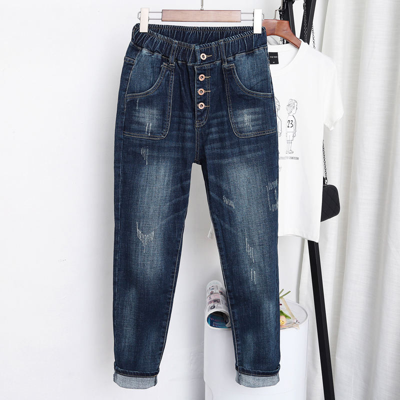 Plus Size Womens High Waist Buttons Denim Pants Retro Distressed Jeans Trousers 