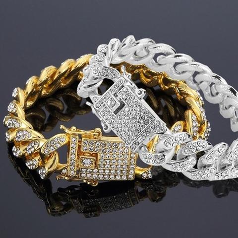 Hip Hop Men Cuban Link Chain Bracelet Shiny Rhinestone Inlaid Bangle Jewelry fashion For Male's Street Bracelets Jewelry Gift ► Photo 1/6