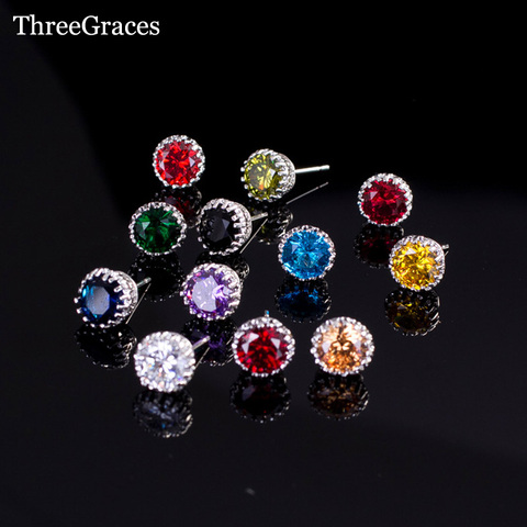 ThreeGraces Wholesale Unisex Fashion Jewelry Big Round Cubic Zirconia Stone Crown Stud Earrings With White Gold Color ER153 ► Photo 1/6