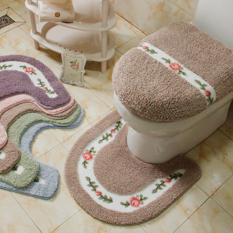 Pastoral Style Toilet Rug Flower Pattern Bathroom Mat Set U Shape Toilet Carpets Floor Decor Bath Mat Set Fiber Toilet Lid Cover ► Photo 1/6