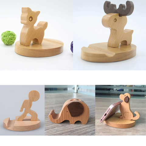 Solid Wood Animal Mobile Phone Holder Car Home Mount Cradle Desk Stand for Mobile Cellphone Laptop, Switch/Deer/Dog/Boy/Elephant ► Photo 1/6