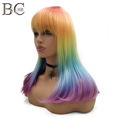 BCHR 18Inch Rainbow Color Straight Wig for Women Synthetic Wig with Flat Bang Cosplay Wig Free Shipping ► Photo 1/6