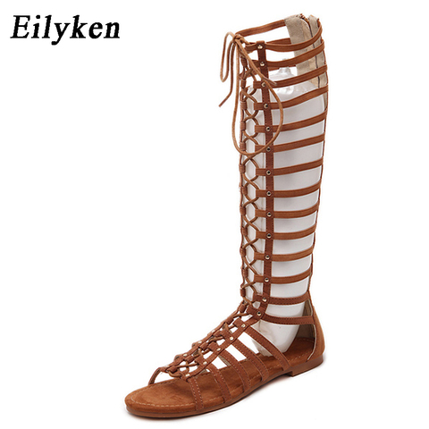 Buy Online Eilyken Women Sandals Strappy Open Toe Knee High Summer Gladiator Flat Sandals Roman Bandage Casual Boots Shoes Size 35 41 Alitools