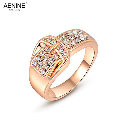 AENINE Fashion Pave Setting Rhinestone Belt Buckle Wedding Rings For Women/Girls Rose Gold Color Party Rings Jewelry A2010490295 ► Photo 1/6