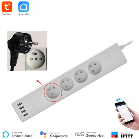France Standard WiFi Smart Power Strip 4 Type E Outlets 4 USB Ports Smart Life App and Voice by Alexa Google Home Support ► Photo 1/6