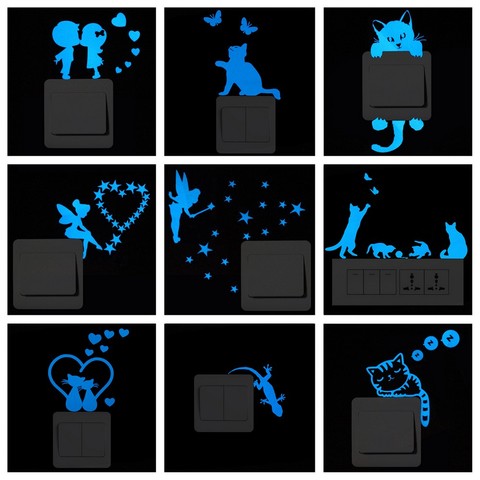 Blue-light Luminous Switch Sticker Home Decor Cartoon Glowing Wall Stickers Dark Glow Decoration Sticker, Cat/Fairy/Moon Stars.. ► Photo 1/6