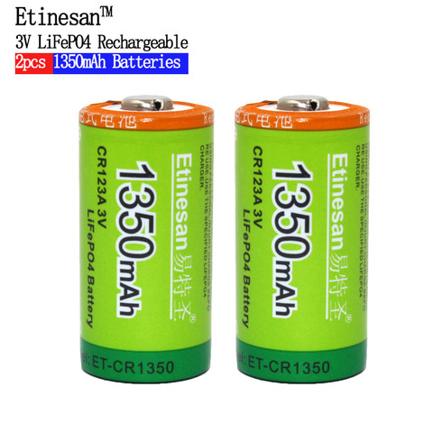 Etinesan 2pcs Cr123a 3v LiFePO4 Lithium Batteries Li-Po 16340 3.0V Li-ion Li-polymer 1350mAh Rechargeable Battery ► Photo 1/1