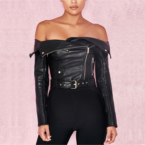 Own Factory Top Quality PU Sexy Nightclub Female Off Shoulder Leather Jacket Women Cropped Motorcycle Outwear Black ► Photo 1/6
