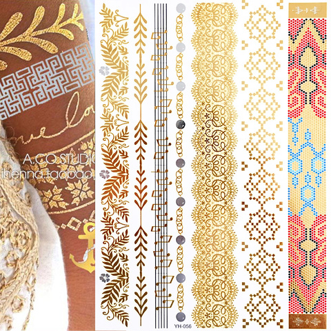 Temporary Tattoos, Waterproof Non-Toxic 175+ Designs, 1 Large Sheets Metallic Henna Tattoos in Gold & Silver, Gold ► Photo 1/6