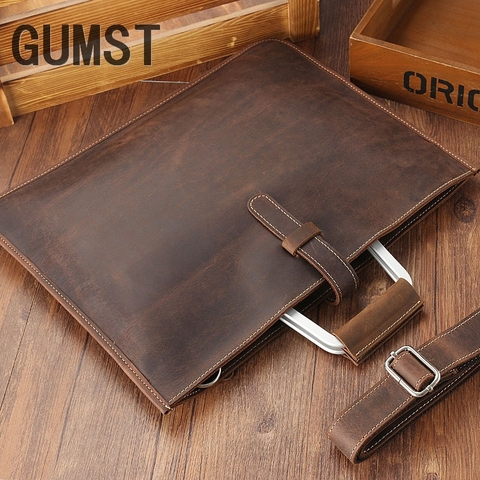 GUMST 2022 Crazy horse leather briefcase for man coffee color vintage men genuine leather messenger bag business bags male ► Photo 1/6