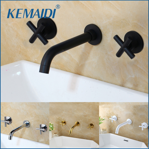 KEMAIDI Taps Fashion Wall Sink Basin Mixer Tap Set Bathroom Spout Faucet With Double Lever In Matt Black/Polished Gold ► Photo 1/6