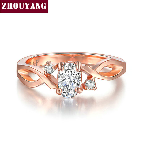 ZHOUYANG Wedding Rings For Women Simple Wavy Shape Four Claw Oval Cubic Zirconia Rose Gold Color Party Gift Fashion Jewelry R785 ► Photo 1/6