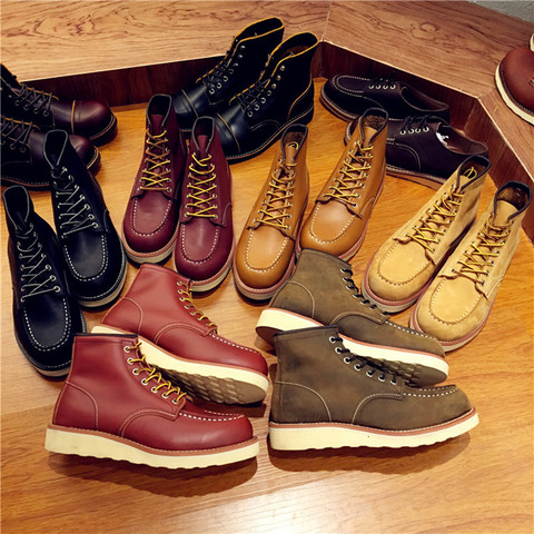 Vintage Men Boots Lace-Up Genuine Leather Boots Wing Men Handmade Work Travel Wedding Ankle Boots Casual Fashion Red Boots 875 ► Photo 1/6