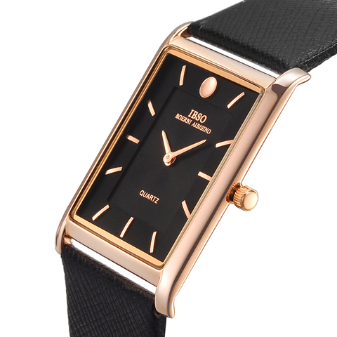 IBSO 7MM Ultra-thin Rectangle Dial Quartz Wristwatch Black Genuine Leather Strap Watch Men Classic Business Men Quartz Watches ► Photo 1/6