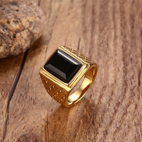 Men's Large Black Red Stone Signet Rings Gold Tone Stainless Steel Male Tribal Jewelry anel masculino ► Photo 1/6