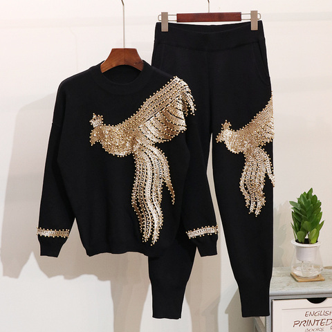 2022 Autumn Winter Knitted Women Tracksuit Sequins Beading Phoenix Long Sleeve Loose Sweater + Casual Pants Two Piece Set D1281 ► Photo 1/6