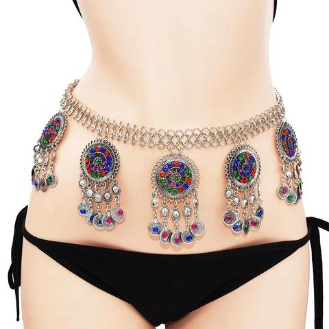 Turkey Sexy Ladies Belly Waist Chain Tribal Gypsy Silver Color Carved Flower Indian Crystal Beach Dance Belt Boho Body Jewelry ► Photo 1/6