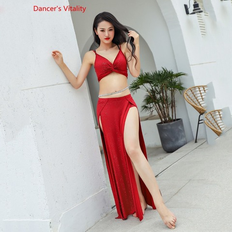 Hot Sell Shine Silver Knit Women Team 2 Piece Belly Dance Set Sexy Dancer Performance Show Clothing Red Wear ► Photo 1/6
