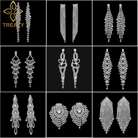 TREAZY Silver Color Crystal Long Wedding Drop Earrings for Women Rhinestones Tassels Dangle Earrings Brides Gifts Party Jewelry ► Photo 1/6