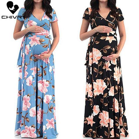 Chivry Maternity Dress Women Floral Print Short Sleeve V-neck Maxi Long Dress Pregnant Casual Clothes Summer Maternity Dress ► Photo 1/5