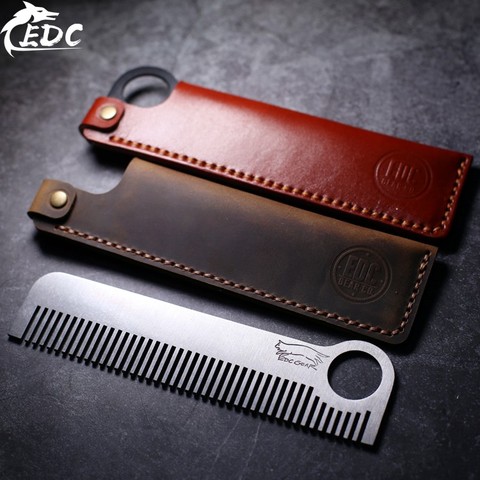 A116 Outdoor EDC tactical head comb Hand-stitched leather case Leather-tanned leather case Stainless steel and TC4 comb optional ► Photo 1/6