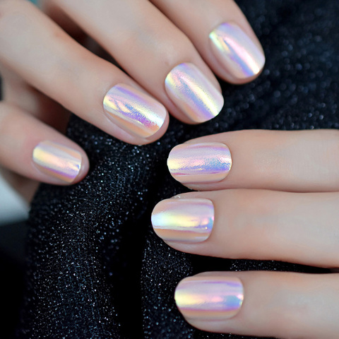 Magic Color Holo Chameleon Pink Purple False Nails Abalone Shell Gold Light Short Round Fake Nail Full Cover Finger Tips ► Photo 1/6