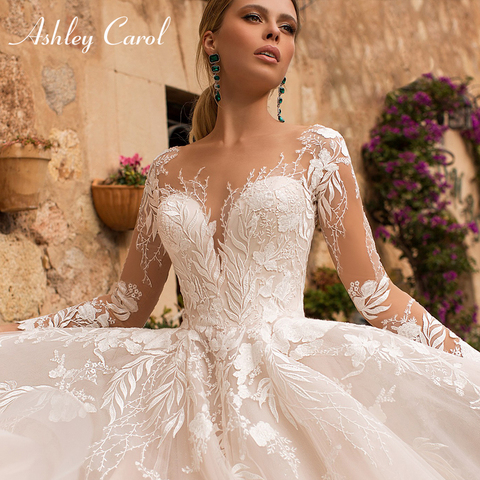 Ashley Carol Sexy V-neck Appliques Tulle Wedding Dress 2022 Illusion Backless Long Sleeve Princess Boho Bride Lace Wedding Gowns ► Photo 1/6