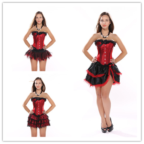Red Satin Palace Overbust Corset Dancer Showgirl Corset Tops + Tu Tu Skirts Dress Waist Cincher Bustier Plus Size S-2XL ► Photo 1/6