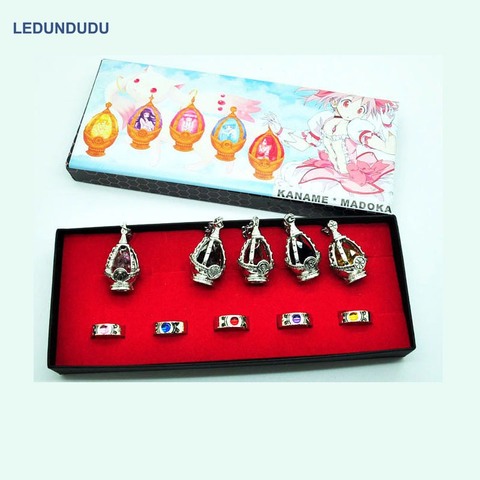 Anime Puella Magi Madoka Magica Soul Gem 5 Pendants Necklace + 5 Rings with Box Children Gift Collection Cosplay Accessories set ► Photo 1/3