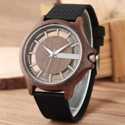 Transparent Hollow Dial Coffee/Brown/Black Wood Watches Quartz Timepiece Genuine Leather Watchband Creative Men's Watch New 2022 ► Photo 1/6