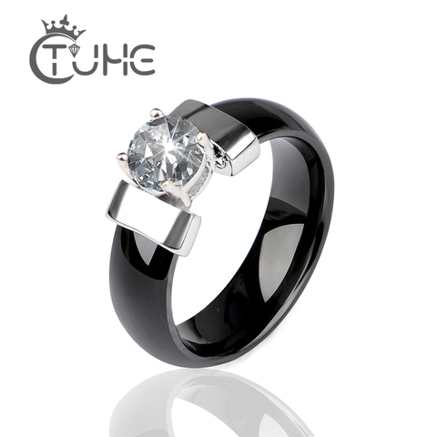 New Black Ceramic Wedding Ring 6MM Width White Bling Plus Cubic Zirconia For Women Delicate Cabochon Smooth Engagement Rings Men ► Photo 1/6