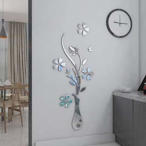 Mirror Flower vase 3d crystal Acrylic wall stickers Entranceway furniture DIY art wall decor stickers Sliver Gold color ► Photo 1/4