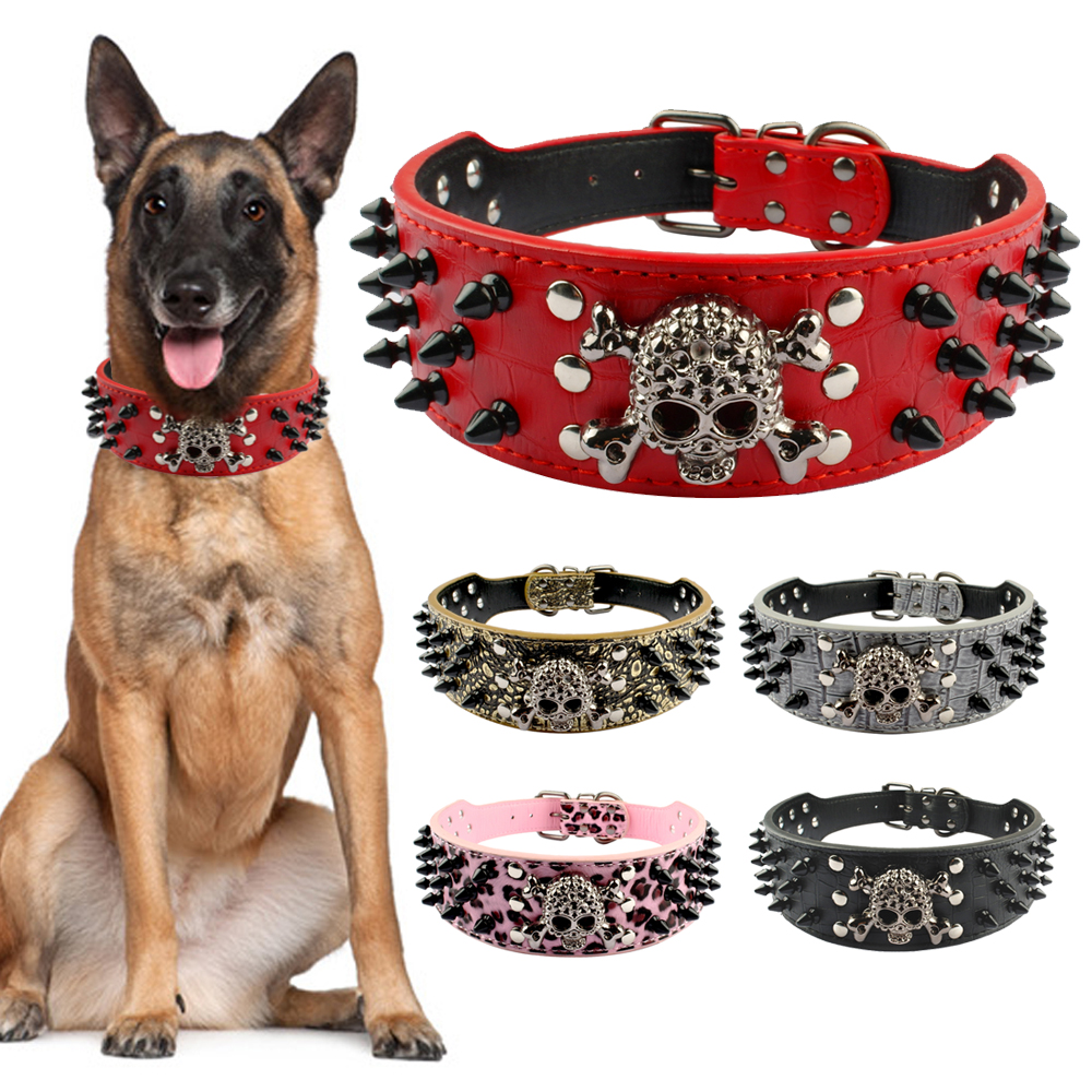 2'' Wide Pink Leather Spiked&Studded Dog Collar PitBull Bully Boxer Terrier S-XL 
