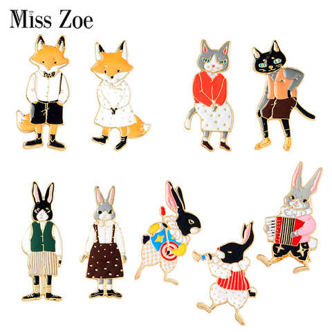Mr and Miss Cat Rabbit Fox Enamel Pins Animal Brooches Buckle Instrument Player Bunny Badges Lovers Jewelry Gift for couples ► Photo 1/6