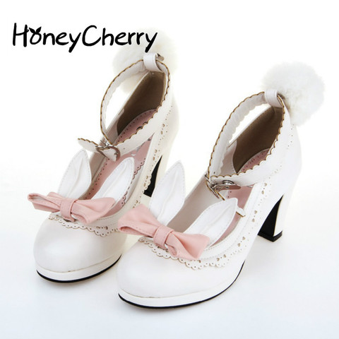 2016 rabbit ears ribbon fluffy pumps single high heel shoes japan style student lolita shoes lovely pumps cosplay shoes ► Photo 1/6