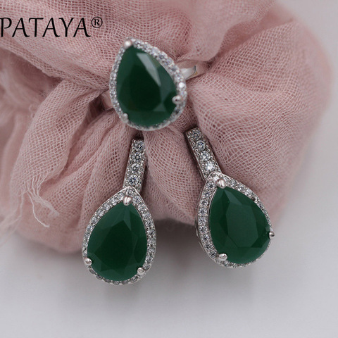 PATAYA True White Gold Jewelry Green Water Drop Natural Zirconia Earrings Ring Sets Women Romantic Wedding Party Fine Jewelry ► Photo 1/6