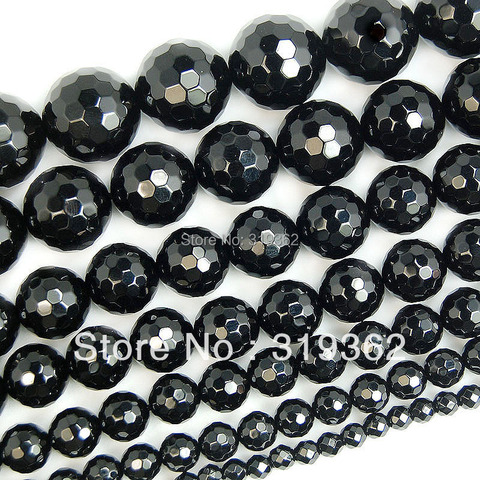 Natural Stone Faceted Black Agata Onyx Round Loose Spacer Beads 4 6 8 10 12 14mm 15