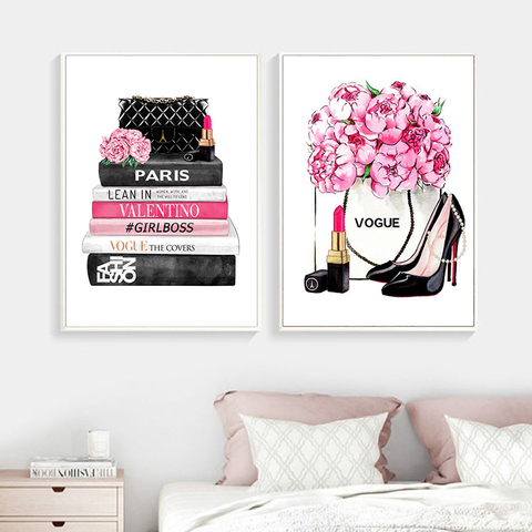 Fashion Magazine Wall Art Prints High Heels and Lipstick Vogue Picture Poster Pink Flowers Canvas Painting Girls Room Home Decor ► Photo 1/6