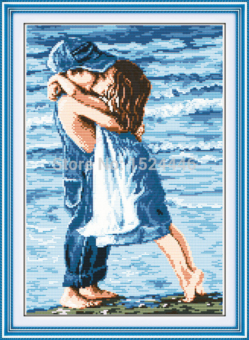 Lovers on seaside,Counted Printed on canvas 11CT  Cross Stitch Embroidery kit,needlework Set,childhood Girl and boy kiss ► Photo 1/6